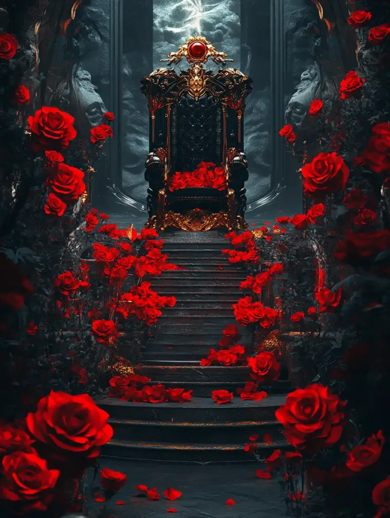 a really dark environment with only seven paths connecting to a center, in this center is a black, red and gold throne, with roses, rubies and gold, located in a remote place with lots of roses, the roses are glowing vibrant, the paths lead to the unknown, only the moonlight can illuminate the scene. In style of a dark fantasy, shot taken from a drone --v 6.1 --ar 3:4 --style raw --s 50 --c 2