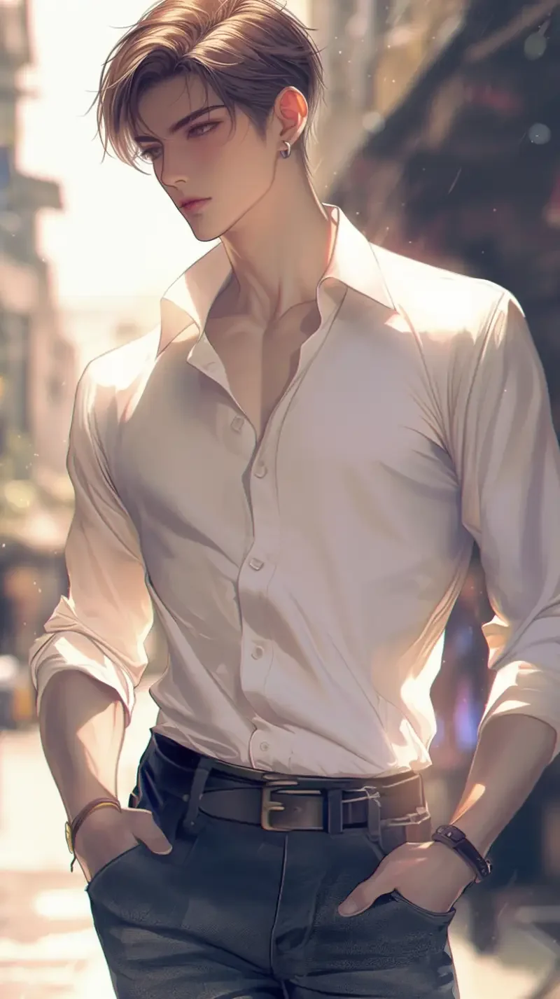 Anime style, fashionable man's Hong Kong style outfit, white shirt and jeans, hands in pockets, exquisite face with delicate skin, dazzling sunlight street corner background, 8k resolution, natural light, street style, high definition, sense of fashion, confident posture. --niji 6 --ar 9:16 --style raw