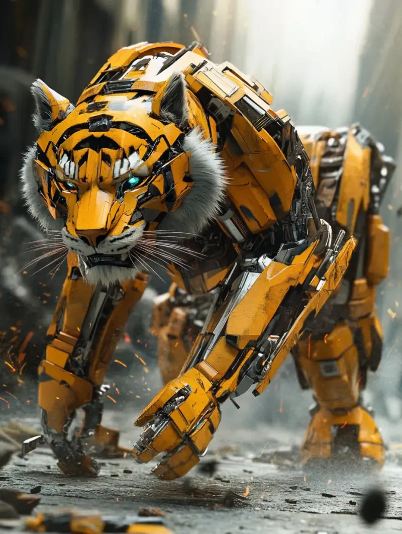 A tiger, Transformers style --cref--v 6.1 --ar 3:4 --style raw --cw 29 --s 168