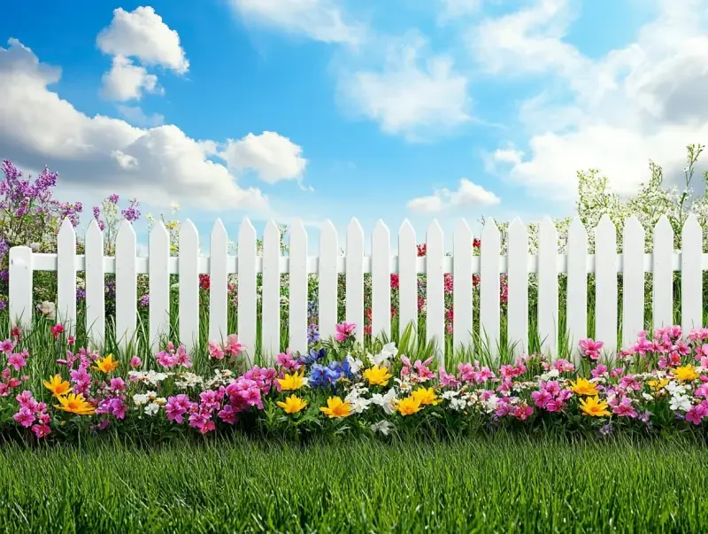 A spring garden with a white picket fence and colorful flowers on a green grass background, under a blue sky with clouds. This digital backdrop is suitable for photography. --v 6.1 --ar 4:3