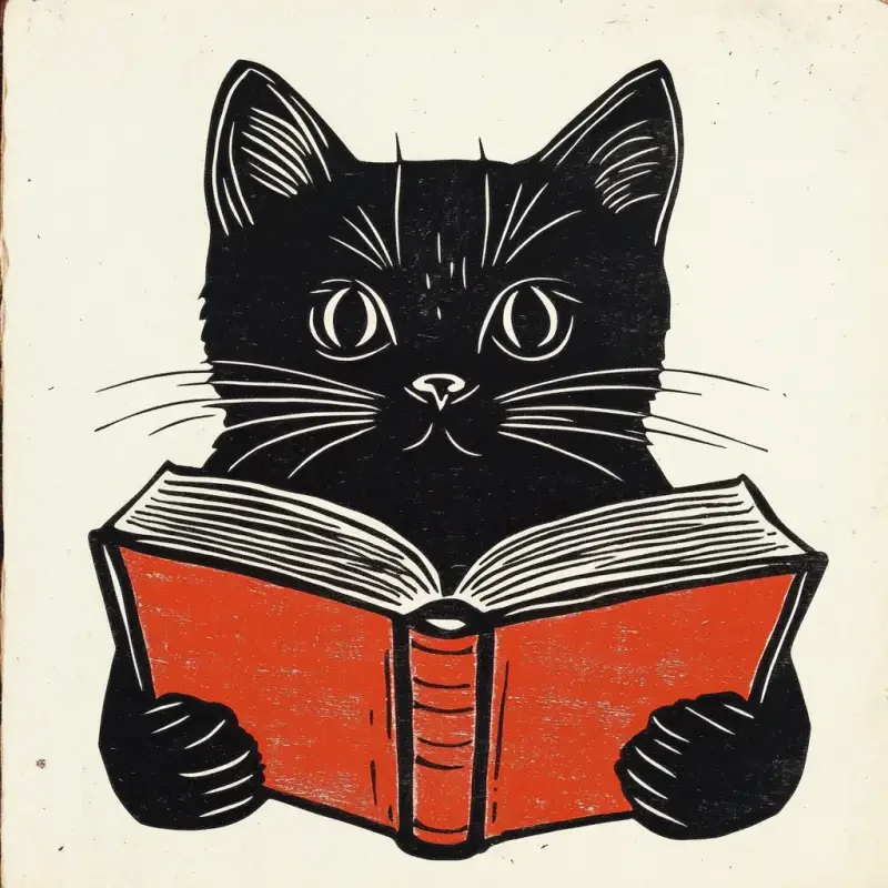 Color woodcut print, a little cat reading a book, simple, with a white background --v 6.1 --ar 1:1