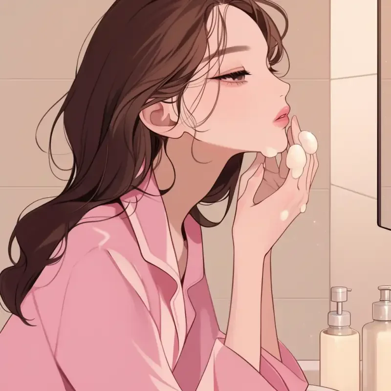 Close-up, a girl wearing a pink long-sleeve pajamas is washing her face, the background is an upscale French toilet, bold lines, hand-drawn, comic style. --sref--niji 6 --ar 1:1 --sw 87