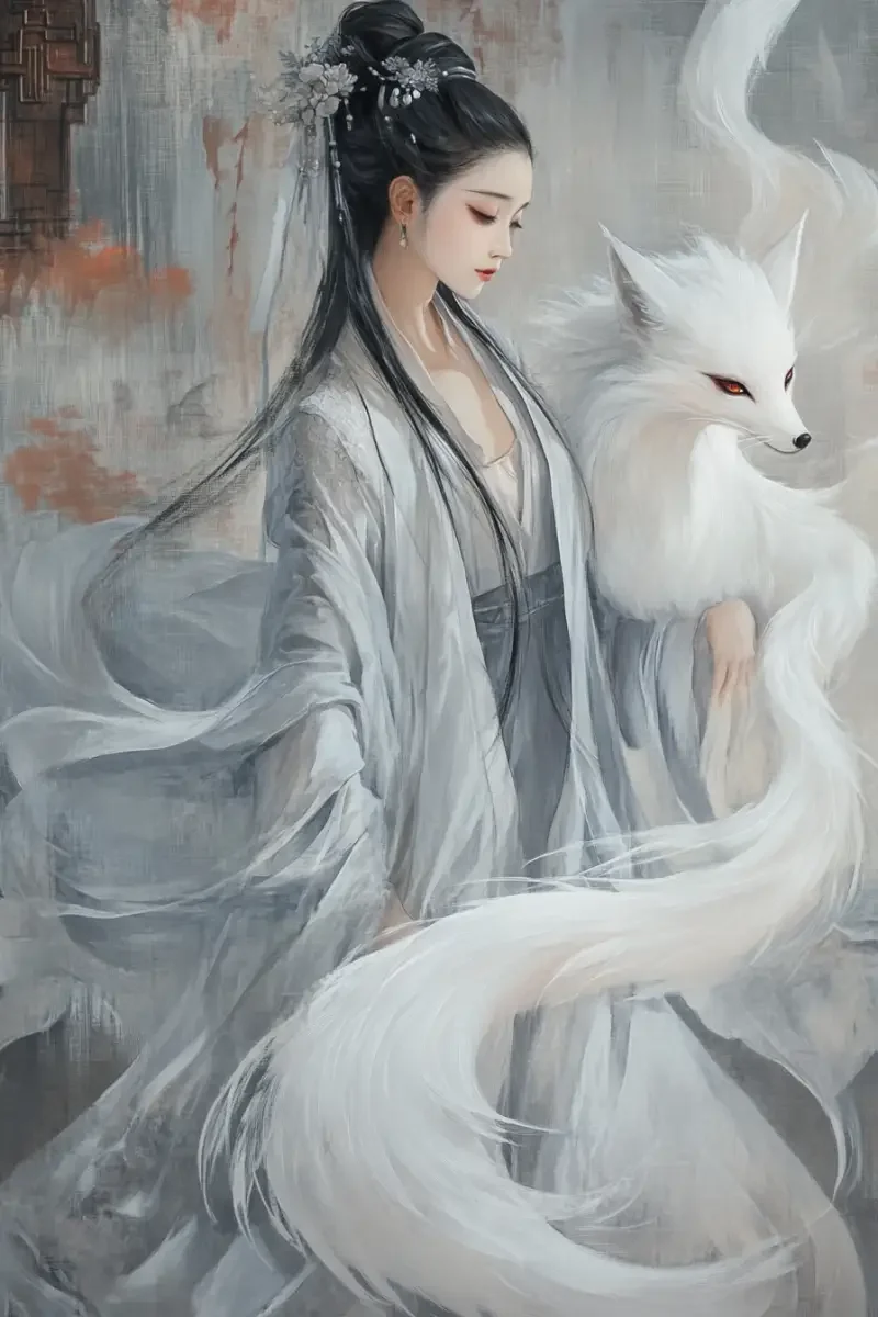 The painting depicts an elegant ancient Chinese beauty dressed in a flowing robe, surrounded by a white nine-tailed fox with its tails flowing gracefully. It creates a magical atmosphere. The overall style reflects classic Chinese art, blending elements of hand-drawing and fantasy styles to create a captivating visual experience. --v 6.1 --ar 2:3