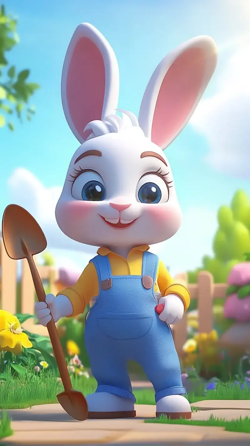 The background is a garden, where a cute rabbit is holding a small shovel, cartoon style, 3D style, dreamy atmosphere, adorable, vibrant colors, sunny day, close-up. --sref--v 6.1 --ar 9:16