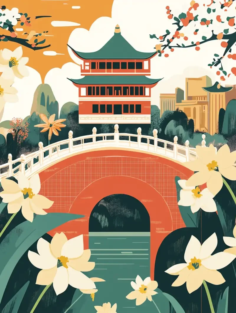 Colorful cultural and creative cartoon simplified block pattern design, Zhangzhou, Narcissus flower, Zhenhai Tower, Anfeng Bridge, Zhangzhou Ancient City Archway, Lin Yutang, --v 6.1 --ar 3:4