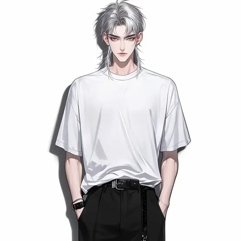 A handsome boy, mature face, front view, standing person, short hair in a white wolf tail hairstyle, wearing a white suit, textured skin, meticulously crafted, high quality, high detail, high resolution, 8K, pure white background, professional photography, very detailed and realistic. --sref--niji 6 --sw 441 --s 125 --c 2 --ar 1:1