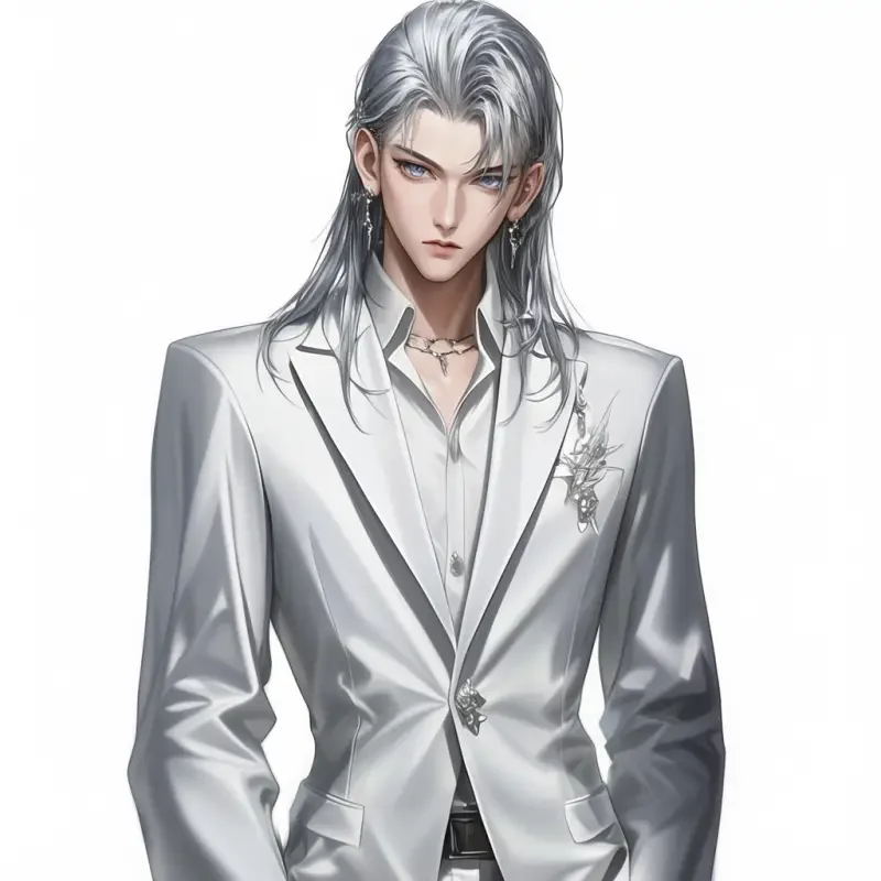 A handsome boy, mature face, frontal view, standing figure, medium-length hair with a white wolf tail hairstyle, wearing a white suit, textured skin, finely crafted, high quality, high detail, high resolution, 8K, pure white background, professional photography, very detailed and realistic. --sref--niji 6 --sw 545 --s 107 --c 1 --ar 1:1