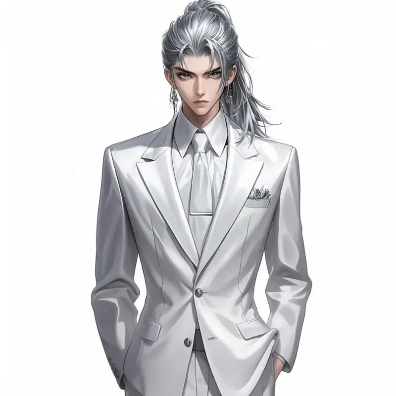 A handsome boy, mature face, frontal view, standing figure, medium-length hair with a white wolf tail hairstyle, wearing a white suit, textured skin, finely crafted, high quality, high detail, high resolution, 8K, pure white background, professional photography, very detailed and realistic. --sref--niji 6 --sw 711 --s 107 --c 1 --ar 1:1