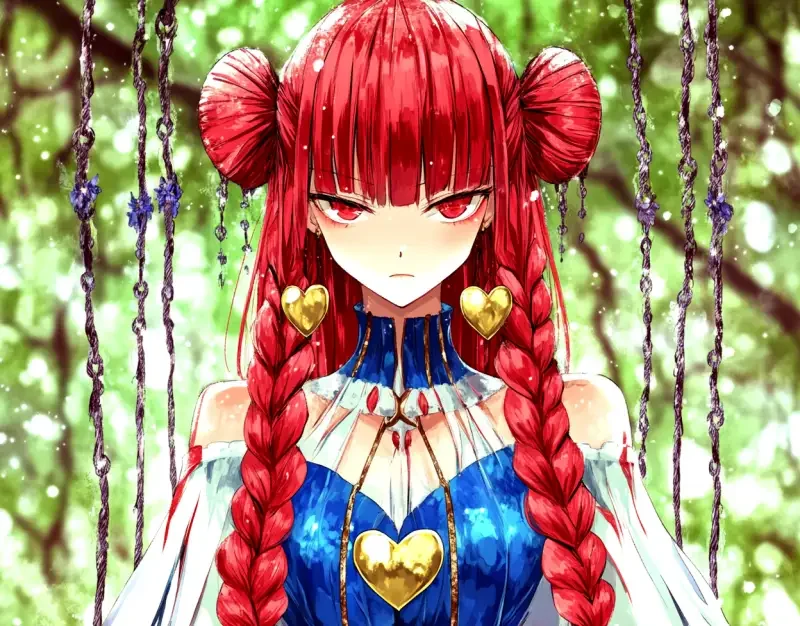 A red haired white woman with long red braids, wearing a blue and white robe, in the style of anime and video games. The background is a green forest. She has big heart-shaped gold earrings, red eyes, red lips, and big ears. Her chest pendant features cartoon art style hearts and flowers - ar 23:18 --v 6.1 --ar 23:18 --c 100 --weird 2459