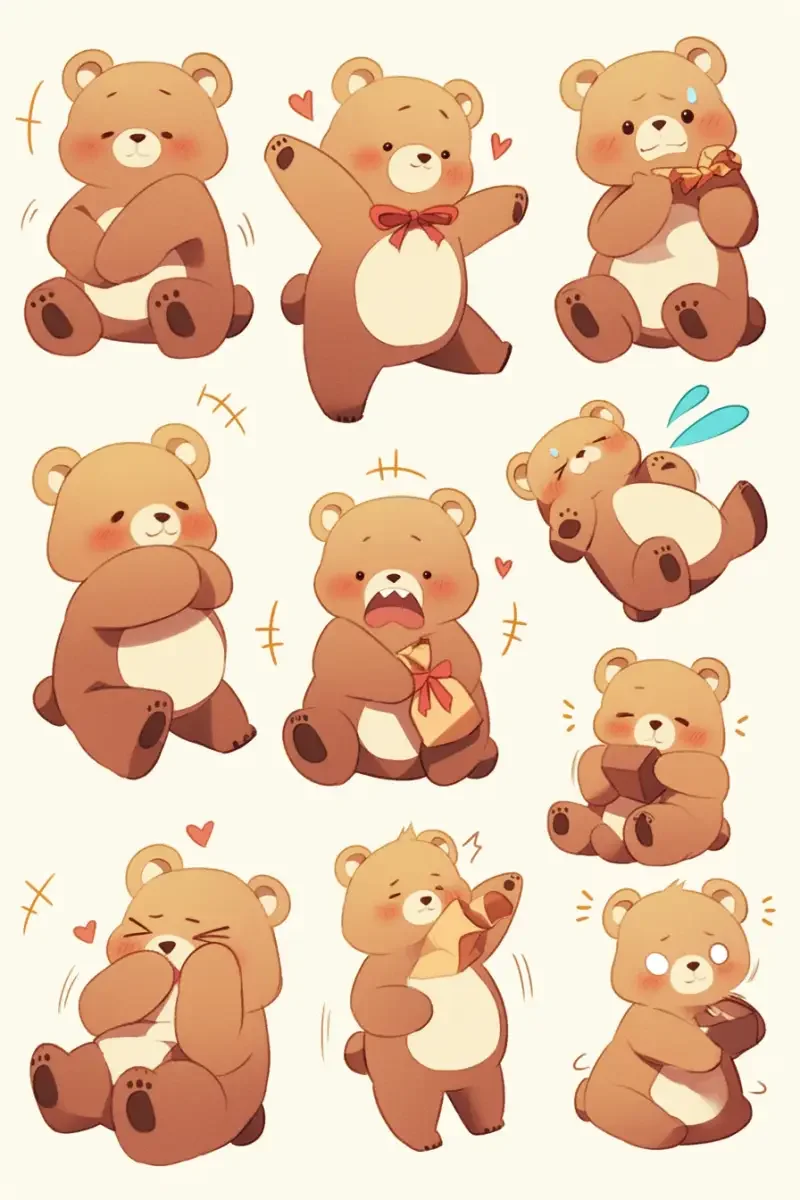 Set up a plush teddy bear emoji pack with various poses and expressions, Korean Wave, forest style, plush doll art, exaggerated poses, greeting, enjoying, cute, spinning, crying, expecting, angry, happy, colorful --niji 6 --ar 2:3