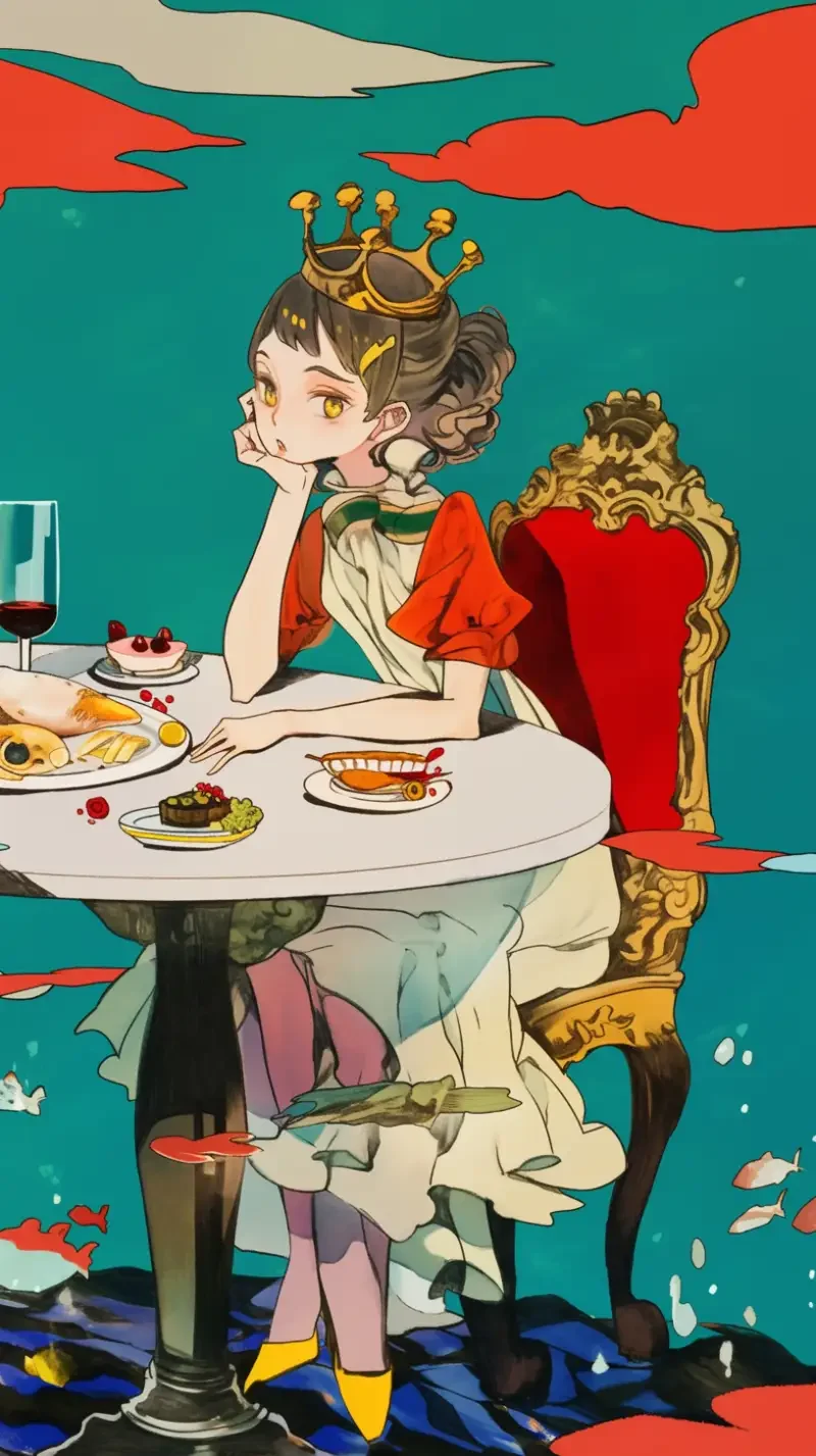 Hand-drawn, a girl sitting at the dining table, with the ocean beneath her, the table covered in lavish rotting food, the table is on the verge of collapsing. --sref--niji 6 --ar 9:16 --sw 27 --s 0