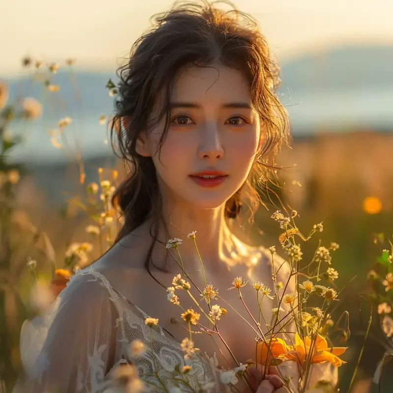 Draw an Asian beauty with a smile, full body artistic photo, scenery of the sea, character girl, holding flowers, photography material Golden hour light, --v 6.0 --s 750 --ar 1:1