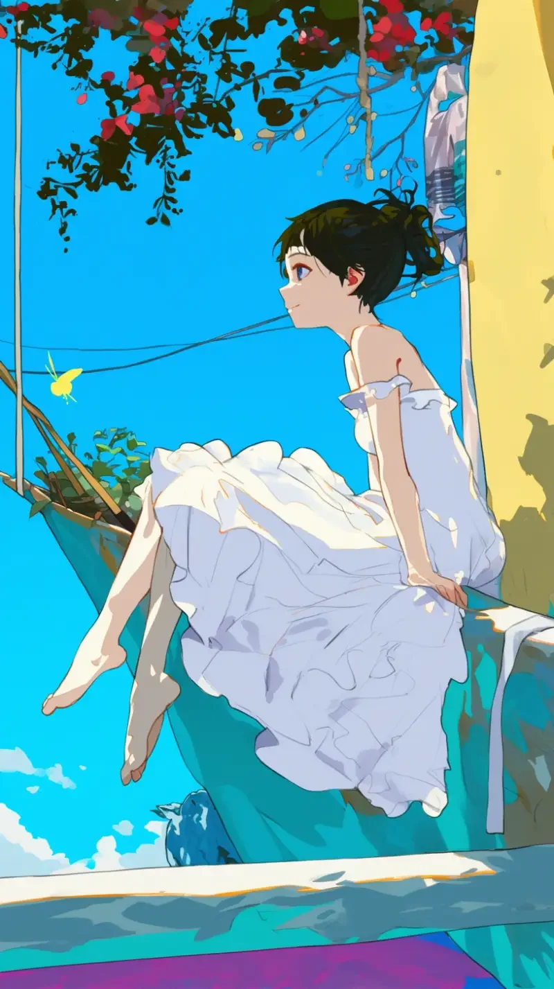 Hand-drawn, a girl wearing a white dress sitting on an outdoor bed, the sky is very blue. --sref--niji 6 --ar 9:16 --sw 27 --s 0