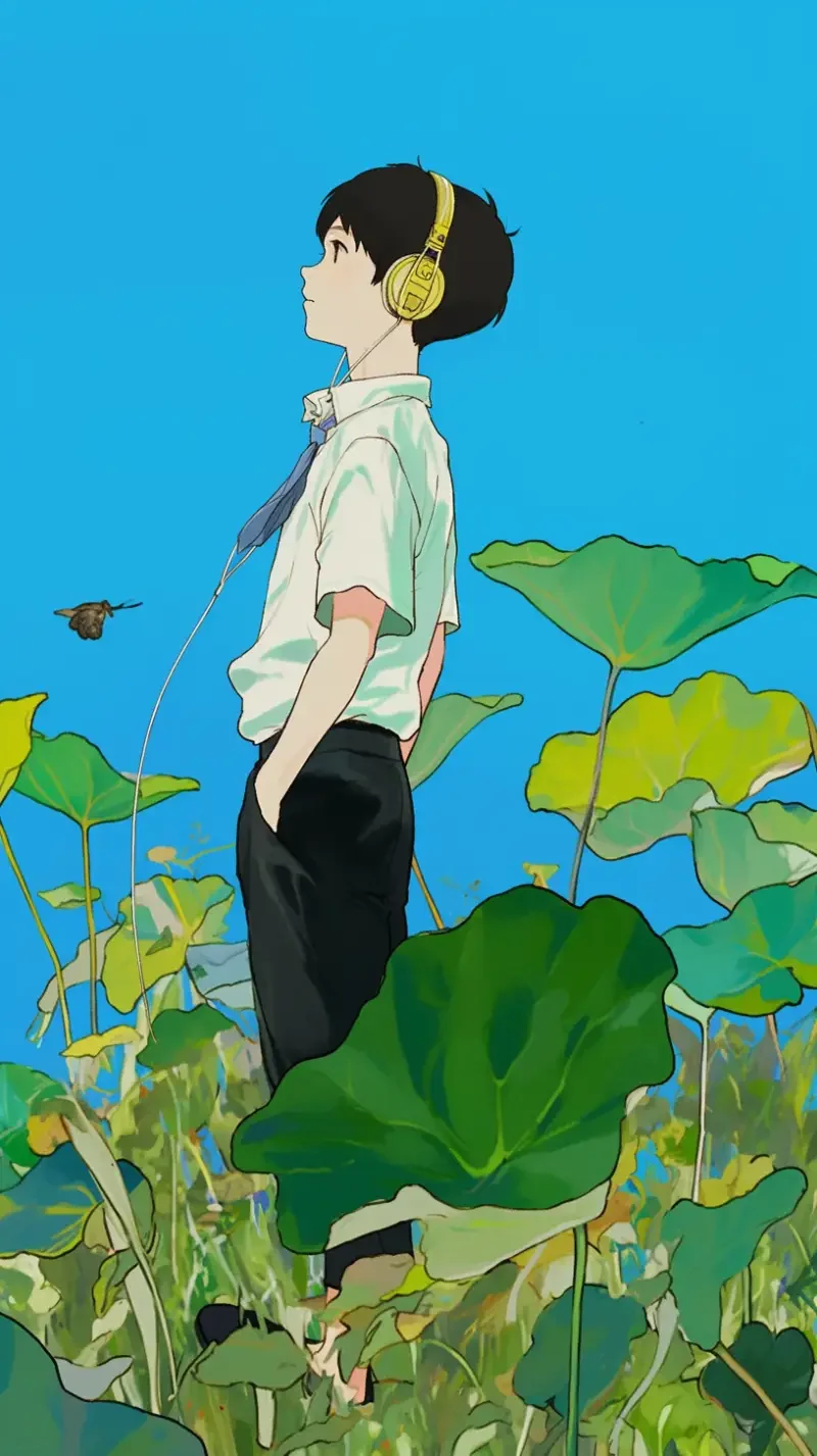 Hand drawn, a boy wearing a white shirt and school uniform standing in a green field, wearing headphones --sref--niji 6 --ar 9:16 --sw 27 --s 0