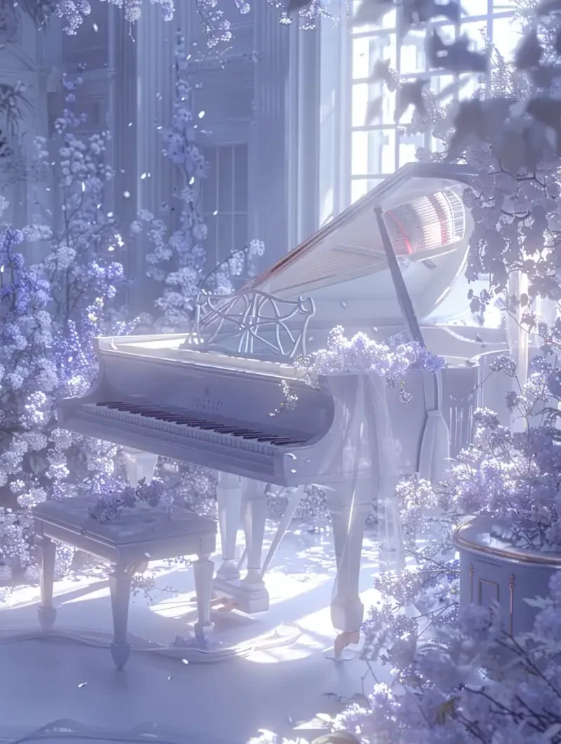 A white piano with a white ribbon on the edge, a transparent glass window at the back surrounded by light purple flowers, and a semi-transparent ribbon floating in front. Ribbons and flowers create an ethereal atmosphere. The entire scene is filled with soft sunlight, shining through the windows on delicate details. This is a dreamy illustration that exudes an elegant and romantic anime style- ar 3:4- v 6.0- ar 3:4 --v 6.0 --ar 3:4 --s 175 --c 12