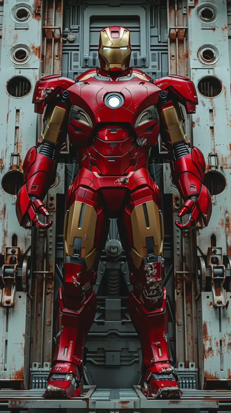 Fully automated robot maintenance platform, repairing Iron Man's armor, the background wall is filled with weapons, no noise, 16K high-definition quality, photo-level effect, with depth and three-dimensionality. --v 6.0 --ar 9:16