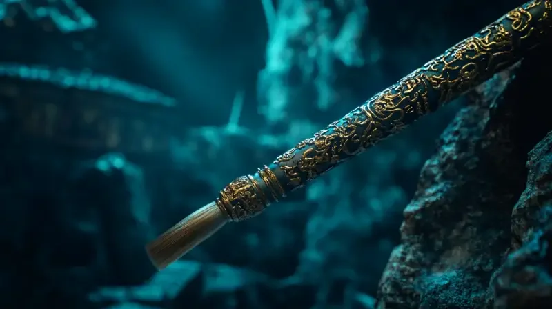 At night, the light is dim, and a pure gold brush, with exquisite patterns and ancient characters carved on the handle, is set against the background of a Chinese ancient tomb cave, with the background blurred. The cinematic photography features movie colors and ray tracing reflections, resembling a fantastical movie scene in a filmmaking style, with cinema-level visual effects. Ancient tomb scenes typically need to create a cold and eerie atmosphere. Therefore, dark tones (such as black and deep gray) can be used as the main color scheme, paired with cool tones (such as blue-purple and teal) to enhance this effect. At the same time, some warm tones can be added as accents to highlight certain key elements or clues within the ancient tomb. cinematic style, --v 6.1 --ar 16:9