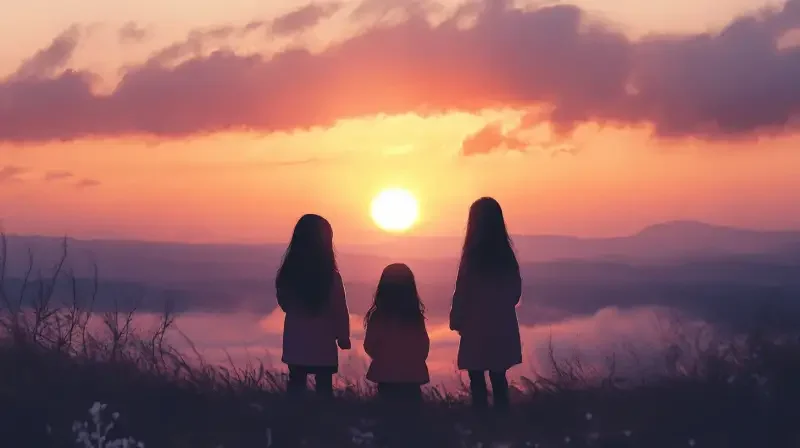 Mom with her sister and younger sister, watching the sunrise from behind, the characters should be small --v 6.1 --ar 16:9