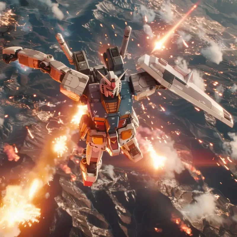 The overhead view shows the Gundam flying from the ground to high altitude, with glowing effects, 16K HD quality, no noise in image details, photo-level effects, and a sense of depth and three-dimensionality. --v 6.0 --ar 1:1 --iw 1.75