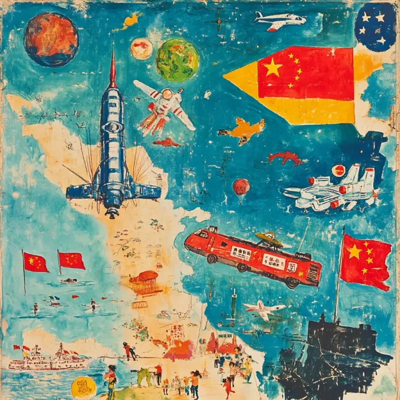 Figure 1: A colorful children's painting depicting various Chinese flags on the background map, with China's red and blue as the main colors. A train travels across the country, a space station floats in outer space, and an astronaut stands inside. People fly kites by the seaside, with the style of Takami Taro, the style of Yoshifusa, aircraft carriers and fighters, and ar 100:69 --v 6.1 --ar 1:1