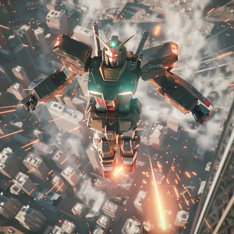 The top view showcases a Gundam lifting its head from the ground and flying towards the sky, with glowing effects, 16K high-definition quality, detailed images without noise, photo-level effects, and a sense of depth and three-dimensionality. --v 6.0 --ar 1:1 --iw 1.75