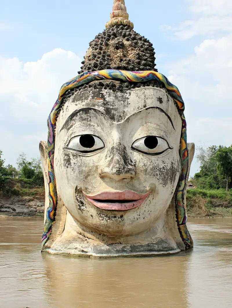 The head of a huge Buddha statue abandoned in the red river water, with large eyes and black tears streaming down its face, is adorned with colorful snakes. --v 6.1 --ar 3:4 --style raw --s 19 --c 12