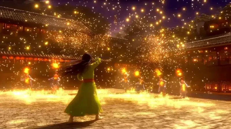 On a brilliant night, a girl dressed in a green Hanfu quietly stands in an ancient courtyard, her gaze focused on several skilled masters performing the marvelous display of iron flowers. The flickering flames illuminate her jade-like face, and as the gentle breeze brushes past, her long hair dances, seemingly echoing the fireworks in the night sky. The surrounding ancient buildings contrast with the deep starry sky, the delicate bricks and tiles emitting a warm glow, creating a dreamlike and mysterious atmosphere. The shadows of the trees in the background sway, as if also celebrating this visual feast, and the entire scene appears especially vivid under the cinematic lighting, as if time has frozen at this moment, leading the viewer into a fantastical world where tradition and modernity intertwine. --sref--v 6.1 --ar 16:9 --sw 578