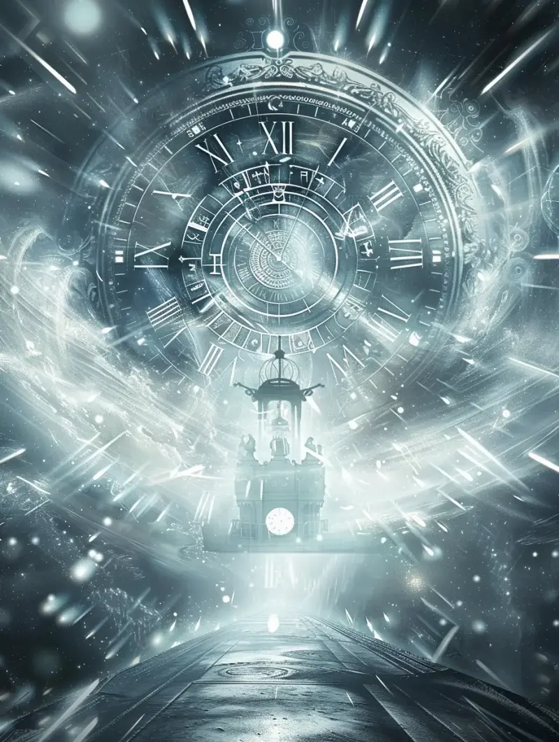 The background depicts the universe, a time gate and clock tower, surrounded by silver rays of light. With a fantasy style and dark gray tones, it has a mysterious atmosphere with mysterious symbols and futuristic elements. Floating figures are seen in space with an interstellar travel theme. The composition is symmetrical and has a silver color tone with floating visual effects that give it a science fiction sense. --v 6.0 --ar 3:4