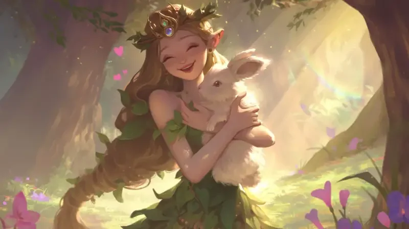 In the depths of a mysterious forest, sunlight shines through the lush tree canopy, casting a mottled golden glow. The forest princess was wearing a gorgeous green leaf woven dress, smiling and holding a furry little rabbit. The rabbit's soft ears gently drooped, making it particularly cute. She wears a crown shining with gemstones on her head, symbolizing her nobility and uniqueness. The princess's long hair flowed like silk in the sunshine, surrounded by colorful flowers and fluttering butterflies. The whole scene was filled with dreams and tranquility, as if time was still at this moment, and only natural sounds were whispering softly. My waist is very thin, with five fingers --niji 6 --ar 16:9 --no rain