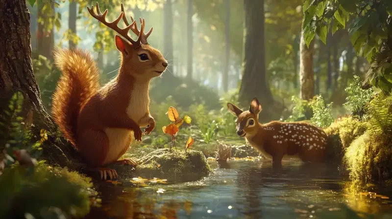 In the vibrant forest, a squirrel is jumping between the branches, and a deer is drinking water in the woods, creating a realistic scene. --v 6.1 --ar 16:9