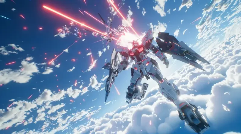 A first-person perspective showcasing a Gundam about to fly out of the screen, with a blue sky background, glowing effects, 16K HD quality, no noise in the image details, photo-level effect, with a sense of depth and three-dimensionality. --v 6.0 --ar 16:9 --iw 1.75