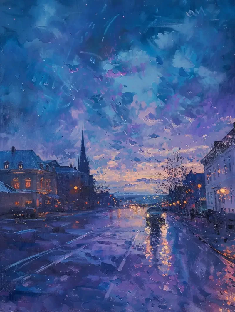 an oil painting showing a rainy Reykjavik, Iceland, Sky displays aurora, in the style of Sky blue and violet, pictorialist style, vignettes, pointillist dots, luminous atmosphere, grandeur of scale, atmospheric tonalities, UHD, super detail, best quality --v 6.0 --ar 3:4