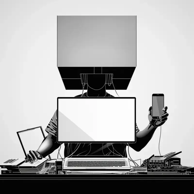 A man working, with a box over his head and a phone holding a computer. The screen is only in black and white, with smooth lines and a pure white background --niji 6 --ar 1:1 --no W color, facial features, girl