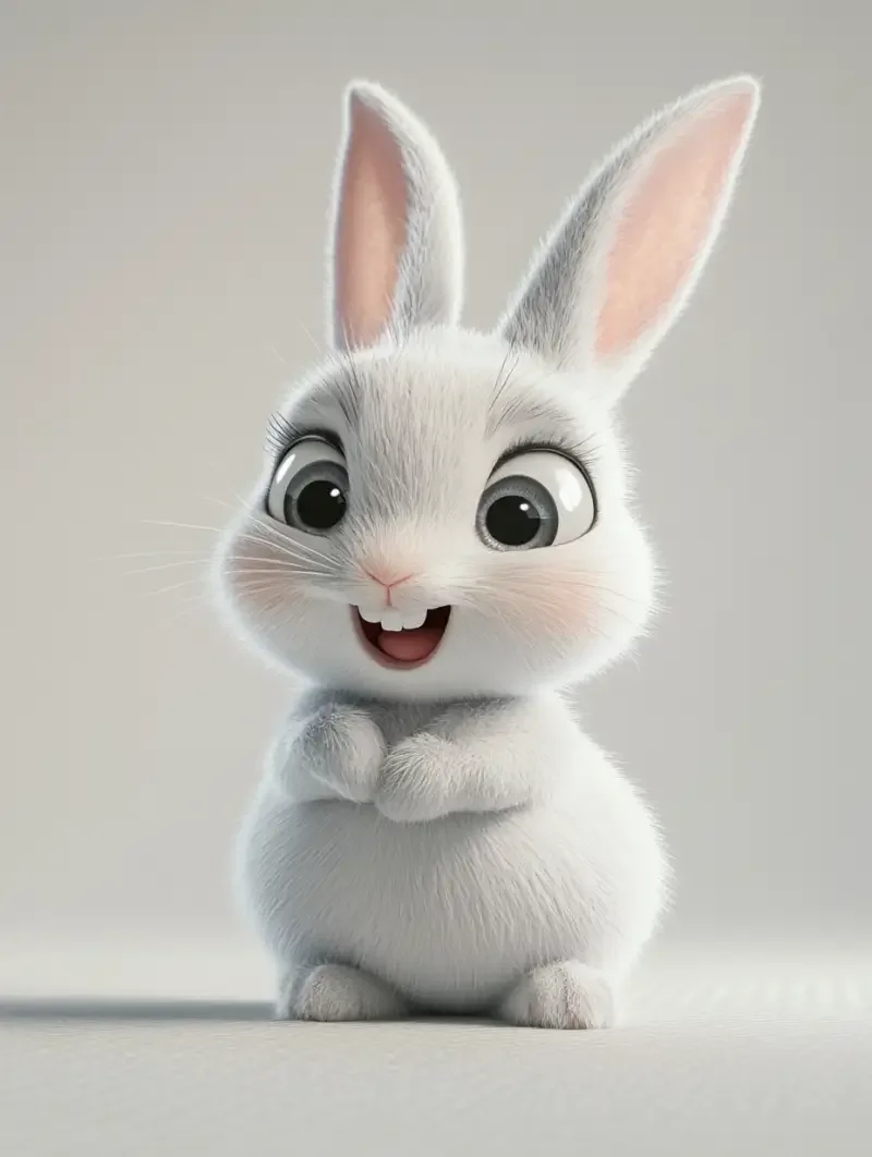 Cute white rabbit, gray big eyes, small mouth, small nose, small body, Pixar style, simple background, high resolution. Ratio 1:1. --v 6.1 --ar 3:4