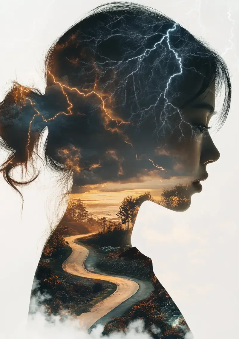 The silhouette of a young Asian woman at a 45-degree side view overlaps with two scenes. The silhouette of the young Asian woman is clear and translucent. Her features are obscured in darkness; the upper part of the silhouette depicts a stormy sky filled with dark clouds and lightning, while the lower part showcases a scene of the rising sun, with a glowing pathway curving and extending from the sunlight, clearly layered. The double exposure composition has a white background outside the silhouette. --v 6.1 --ar 7:10 --iw 0.25