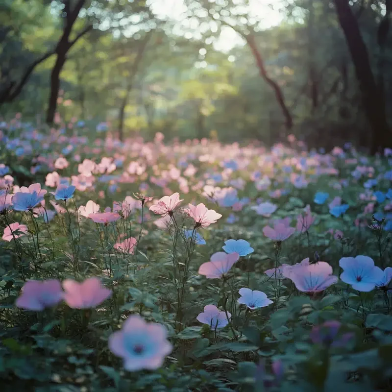 A large field of pink and blue wildflowers, covered in light green leaves. The flowers have delicate petals with subtle purple reflections on their edges. In the background is an old forest clearing. Sunlight shines through dense trees onto vibrant blossoms. Captured in the style of Japanese photographer Hironori Minomura.--ar 85:128 --v 6.1 --ar 1:1