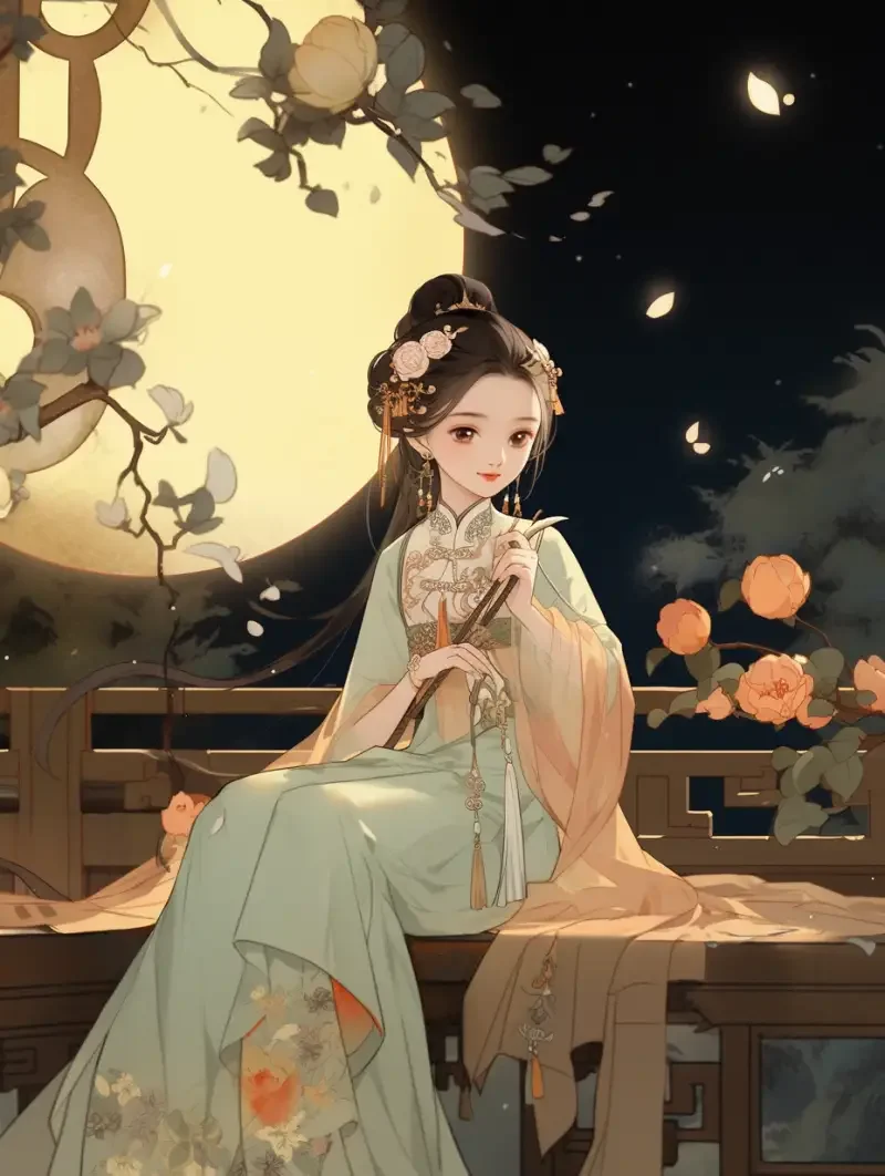 On the night of the Mid-Autumn Festival, a happy little girl, young and beautiful, with a face shape like Yang Mi, a high nose, big black eyes, a small cherry mouth, an oval face, delicate features, wearing Hanfu, sitting on a bench in the courtyard, holding a lotus lantern in her hand, with the moon in the sky, frontal photo, background of houses, trees, and flowers, 3D rendering, 3D, C4D, natural light, contour light, backlight, night, Disney style, Chinese animation style, soft and delicate, high-quality image. --niji 5 --ar 3:4