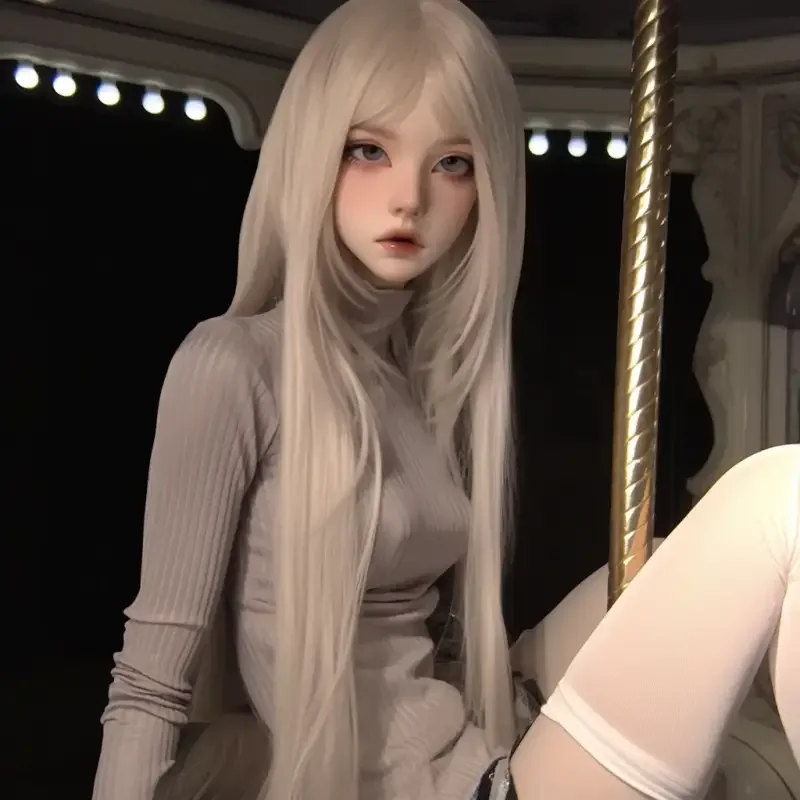 bjd ball-jointed doll white long-haired girl wearing gray striped sweater, white ripped stockings sitting on a carousel. full lips heavy bright makeup natural volumetric, delicate skin texture, half body shot, unreal engine 5, surrealism, --sref--niji 6 --ar 1:1