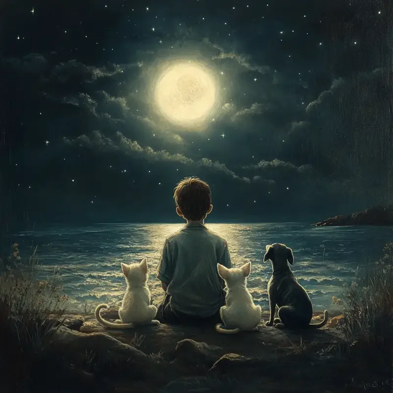 A boy sits by the seaside at night, holding two cats and a dog by his side --v 6.1 --ar 1:1