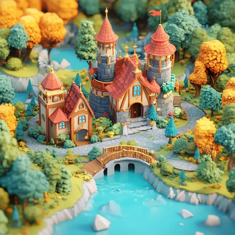 Isometric 3D low-poly model of a fantasy village, in a cute game art style, with cartoonish character design, detailed foliage, and a detailed background. The perspective is low-angle and isometric, with flat, bright, and vibrant colors. The buildings are red and gold, and there are green trees around the castle. There is a small pond in front of the house. The image is high resolution.--ar 4:5 --v 6.1 --ar 1:1