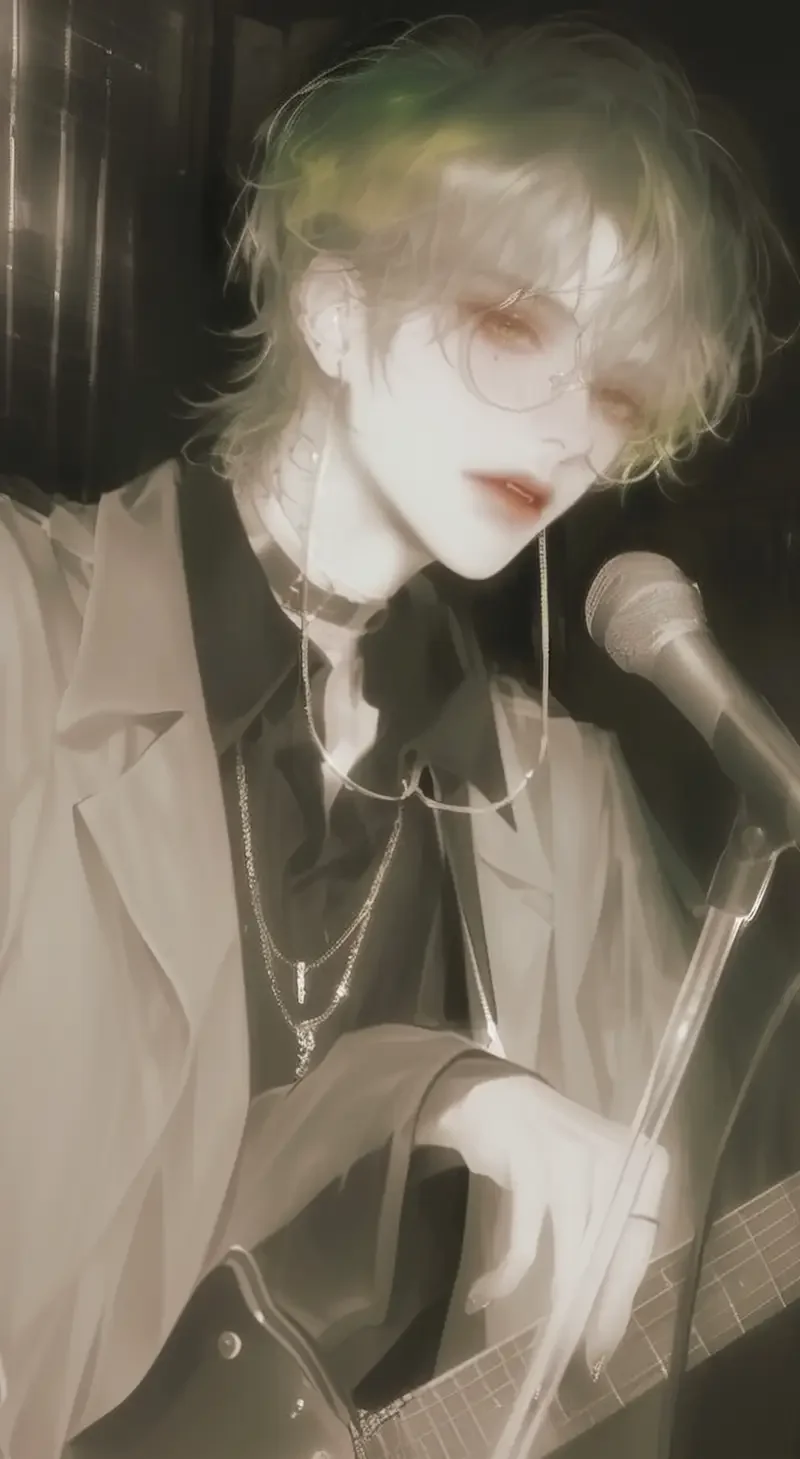 A handsome anime-style man with yellow hair wearing glasses, yellow color. With wolf ear decorations on his head, is singing at a concert under the neon lights at night while holding a guitar. A close-up of his face shows him wearing an elegant open-collared shirt, with a relaxed posture. His facial details are perfect, and the close-up shot highlights his anime-style appearance. The background is also presented in an anime style. --sref--niji 6 --ar 3:4 --style raw --sw 728 --s 250