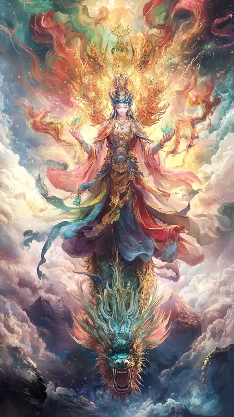 In the colorful light and shadow of the clouds, the Thousand-Handed, Thousand-Eyed Avalokiteshvara Bodhisattva rides on the back of a dragon. The dragon's head is open-mouthed, its claws and feet stretching outward, with light and shadow radiating from within. The lighting effect has high color saturation, the face is rounded and lowered, and the Bodhisattva holds dozens of different weapons and rare treasures in hand. Chinese style, golden, gilded, hair is blue, light, clothing in gold, blue, red, white, green. --v 6.1 --ar 9:16