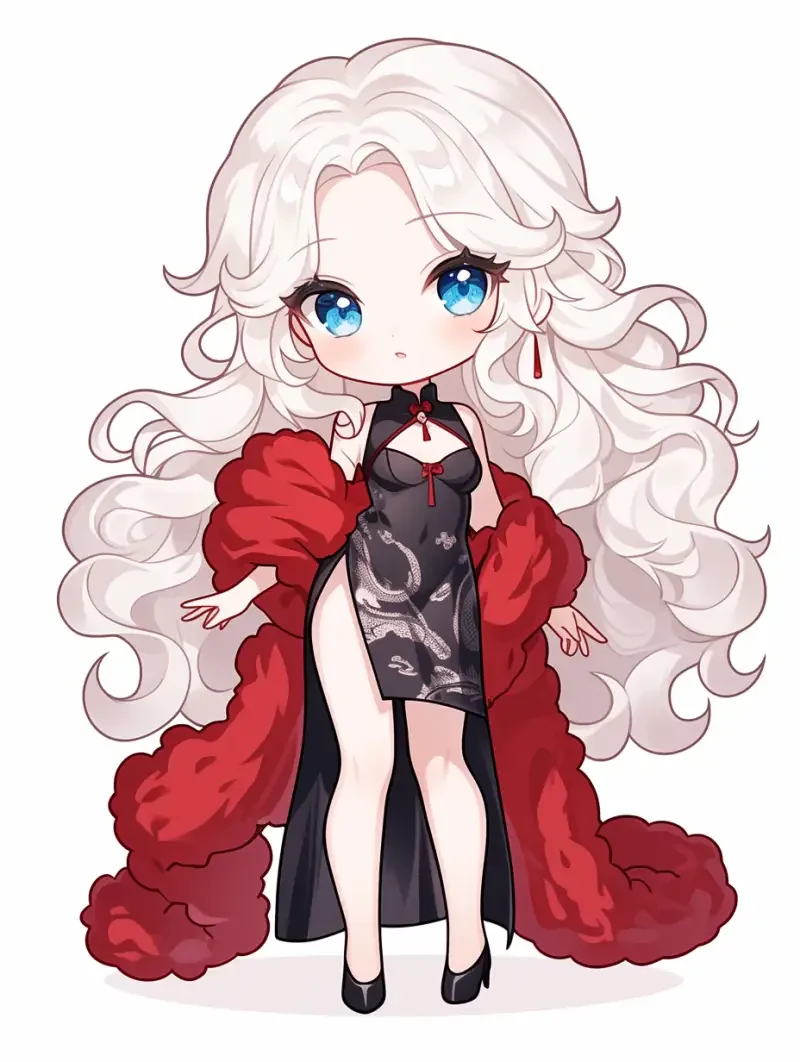 Kawaii Chibzi has white hair, long curly hair, a girl with blue eyes, a red shawl, a small waist, a black cheongsam, black high heels, white background stickers, kpop anime style, Korean internet cartoon style, standing posture, and full body --niji 6 --style raw --ar 3:4