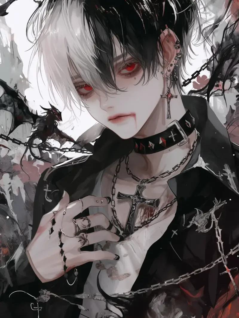 Cover book, exquisite and beautiful boy, with black and white hair, red eyes, dressed in street style clothing, holding a cross necklace, surrounded by demons, in the style of dark academic Gothic, background is a dilapidated wall, anime and manga cover, UHD, high-definition, highest picture quality, up close, with distinct hair strands --niji 6 --ar 3:4 --style raw --s 200