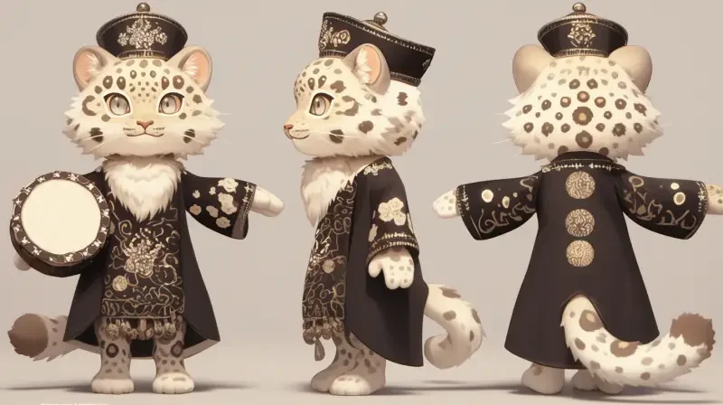 Generate three views, namely front view, side view, and back view, full body, holding a Xinjiang hand drum, the main subject is a black Kazakh long robe, paired with white pants, a super cute snow leopard male cartoon character, wearing a round white ethnic style hat, standing posture, super cute IP by POP MART, hbi, model, blind box toy, fine gloss, clean background, 3D rendering, OC rendering, best quality, 4K, super details, POP Mart toys, studio lighting. --niji 6 --ar 16:9