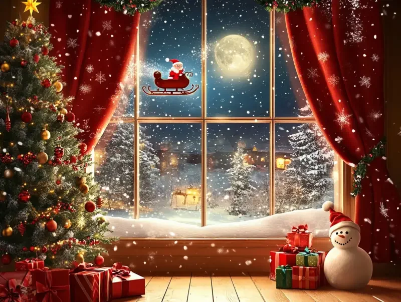 A window with red curtains, a night sky outside, snow falling, and a Christmas tree in the room. Santa Claus is flying on his sleigh over it, and there are presents under the Christmas tree. A cute, smiling snowman is next to them, and a large moon is shining through the windows, creating a warm, happy atmosphere inside the home. The scene is very detailed and in high resolution.--ar 86:63 --v 6.1 --ar 4:3