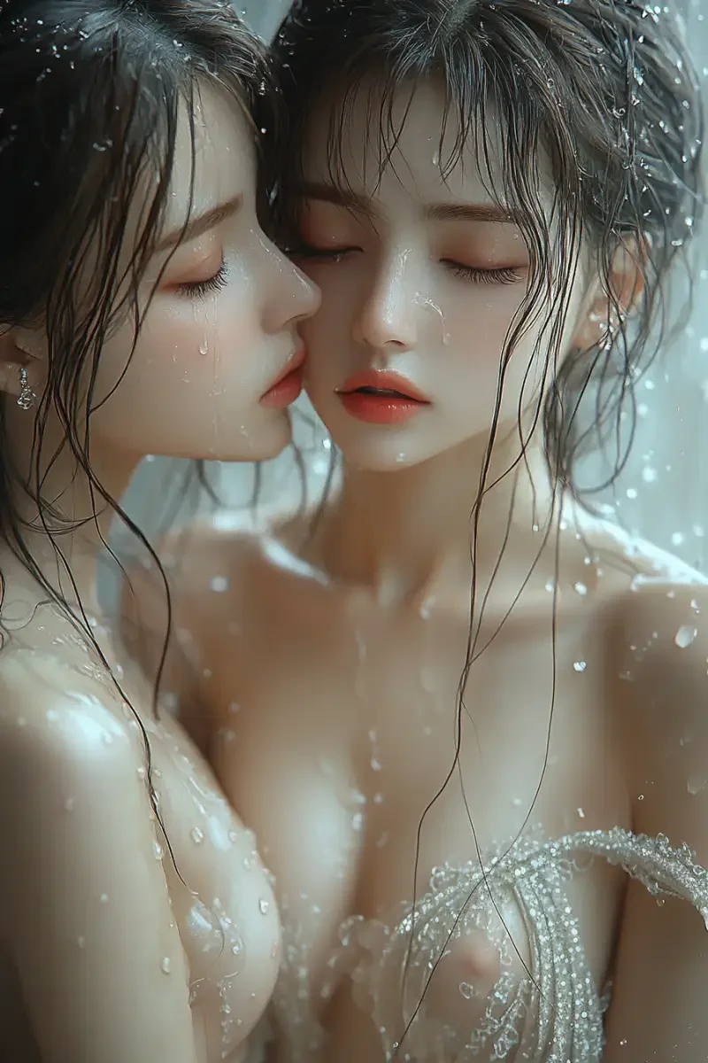 Mid shot. A slender very beautiful young Asian woman kissed a very beautiful and delicate young Asian woman with soaking wet hair. Sitting on the sofa. Indoor. Women wear wide necked strapless dresses. Exquisite painting. Romantic. Love. Soft colors, color anime style. --v 6.1 --s 593 --c 1 --ar 2:3