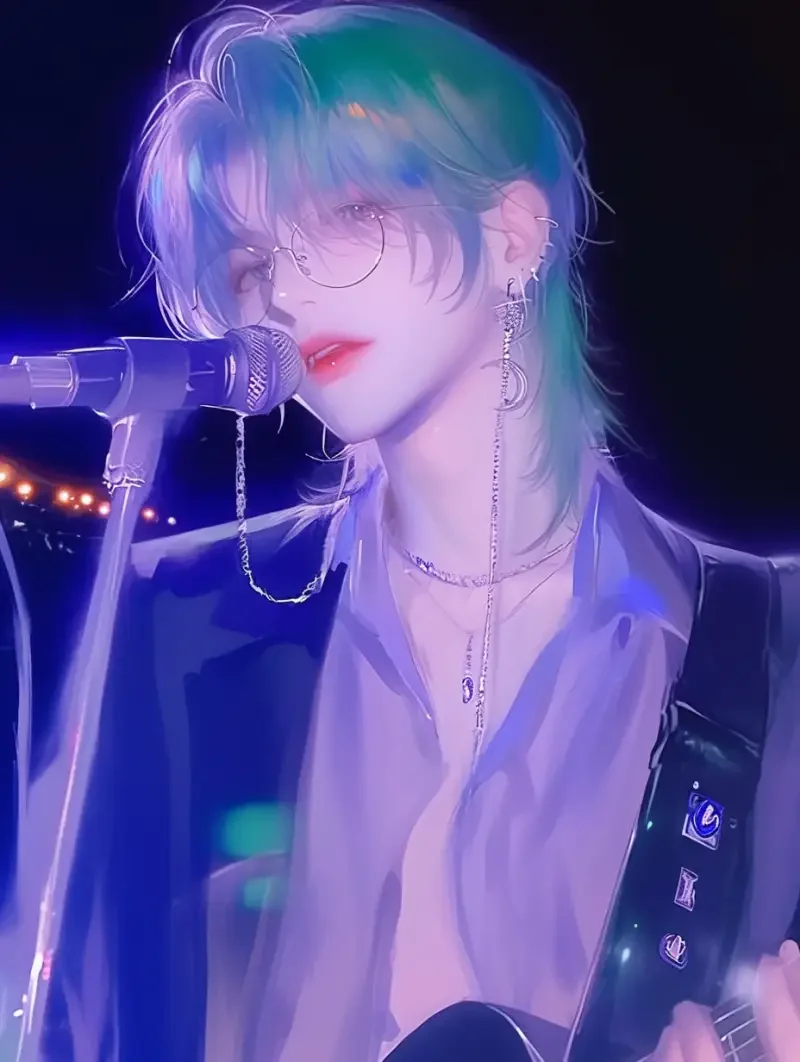 A handsome anime-style man with silver hair wearing glasses, with wolf ear decorations on his head, is singing at a concert under the neon lights at night while holding a guitar. A close-up of his face shows him wearing an elegant open-collared shirt, with a relaxed posture. His facial details are perfect, and the close-up shot highlights his anime-style appearance. The background is also presented in an anime style. --sref--niji 6 --ar 3:4 --style raw --sw 728 --s 250