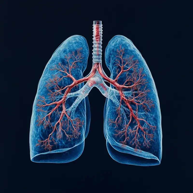 Lung, X-ray fluoroscopy, medical illustration, deep blue background, red nerve endings and branches on the left side of each lung. --v 6.1 --ar 1:1 --s 250 --c 5