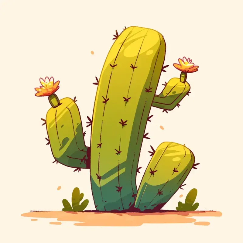 Hand-drawn, cartoon style, light background, simple details, minimalism, beautiful, a cactus in the desert, blooming --niji 6 --ar 1:1 --no flower pot